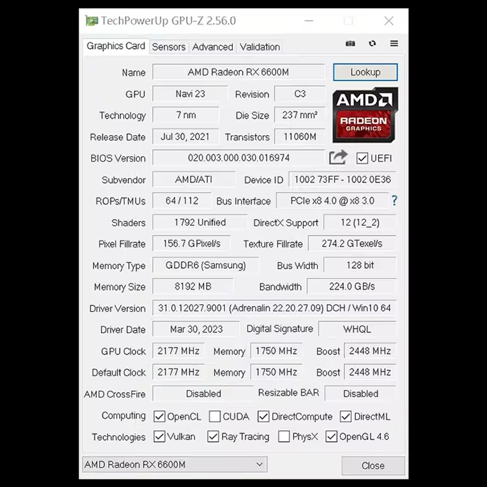 Tarjeta Gráfica (GPU) AMD RX 6600M 8GB GDDR6